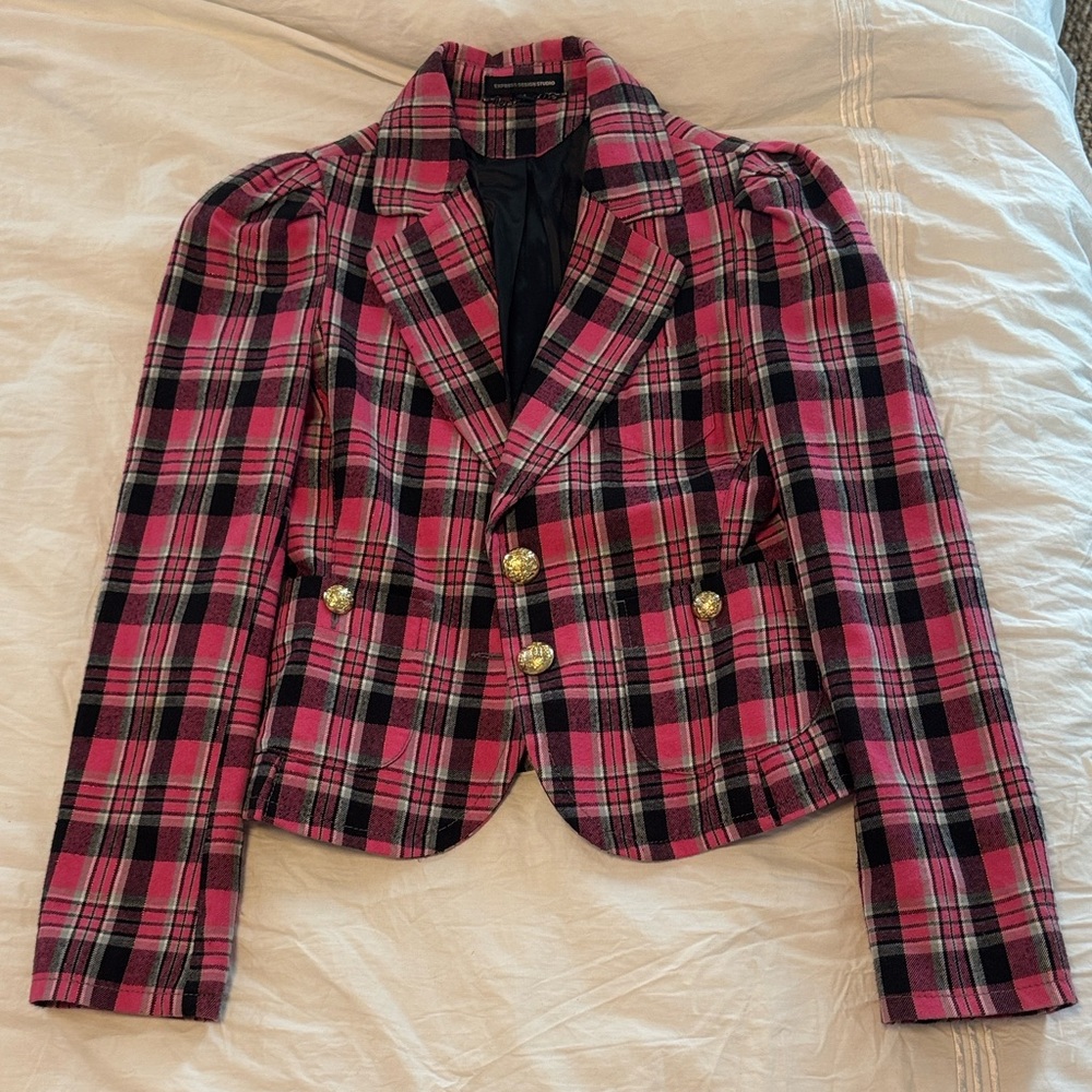 Express Hot Pink and Black Plaid Blazer